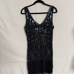 Babeyond Black Sequin Fringe Flapper Dress Size M 1920s Gatsby Art Deco Mini